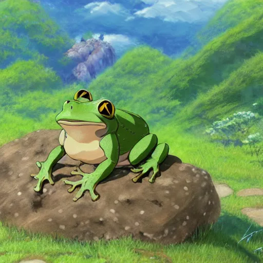 Prompt: chronotrigger frog sitting on top of a rock next to a lush green hillside, a detailed painting by hayao miyazaki, pixiv contest winner, plein air, 2 d game art, official art, detailed painting