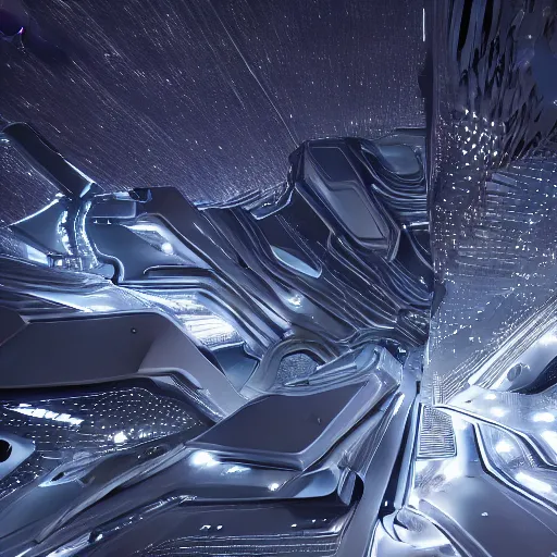 Image similar to sci-fi motherboard wall structure and stars points cloud in the middle, unreal engine 5 lumen global illumination, keyshot render, octane render, artstation trending, ultra high detail, ultra realistic, cinematic lighting, 8k, 16k, in style of zaha hadid, blade runner 2049 lighting color, ultra high contrast, dark shadows, tilt shift,