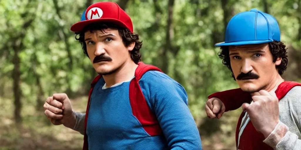 Prompt: pedro pascal stars as super mario in live action, stranger things and marvel style, heroic pose, poster, accurate ultra realistic faces, 4 k, movie still, uhd, sharp, detailed, cinematic, render, modern