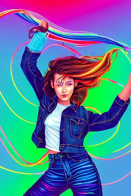 Image similar to a award winning half body portrait of a beautiful woman with stunning eyes in a croptop denim jacket and cargo pants with ombre rainbow hairstyle head in motion and hair flying while dancing by thomas danthony, surrounded by whirling illuminated lines, outrun, vaporware, shaded flat illustration, digital art, trending on artstation, highly detailed, fine detail, intricate