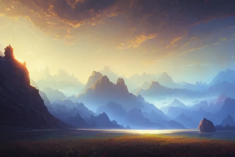 Image similar to a beautiful oil painting of serene alien landscape under the horizon line in the upper third by john howe and albert bierstadt and alena aenami and dan mumford and dave noton, unreal engine, trending on behance