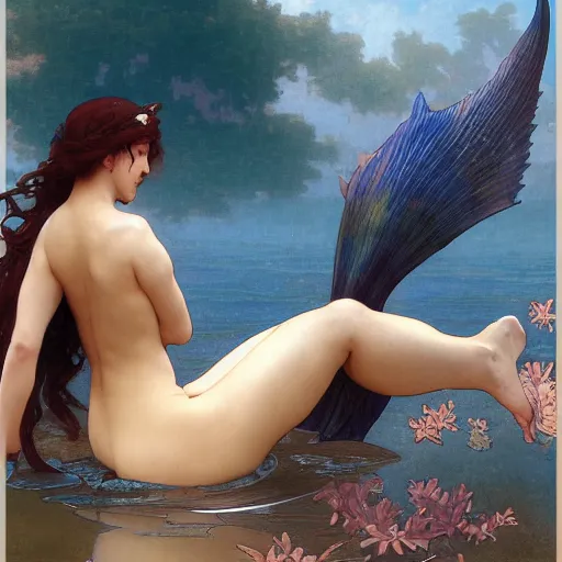 Image similar to beautiful mermaid sticking her head above the water, intricate, art by artgerm and greg rutkowski and alphonse mucha and william - adolphe bouguereau, high detailed, 4 k,