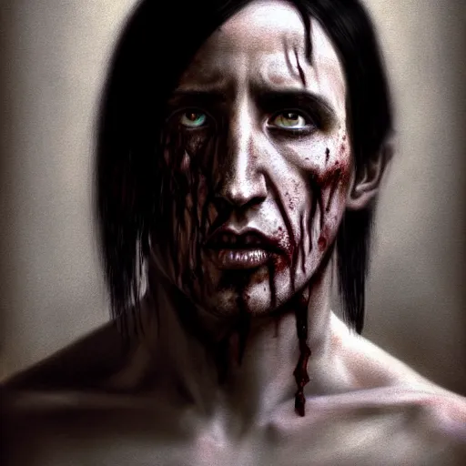 Image similar to color portrait of young and handsome trent reznor as a zombie with shoulder length hair, 7 days to die zombie, realistic proportions, fine art, award winning, intricate, elegant, sharp focus, cinematic lighting, digital painting, 8 k concept art, art by brom, art by guweiz and z. w. gu, art by michael hussar, 8 k