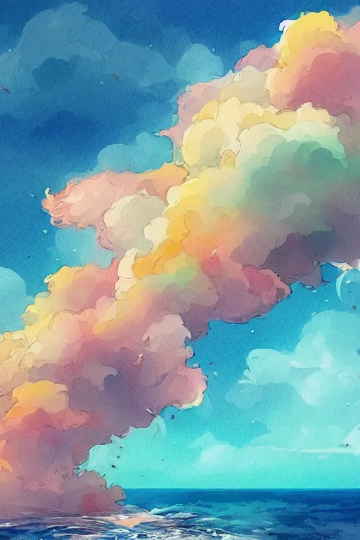 Prompt: beautiful digital watercolor painting of fantasy tree and candy cloud sky watercolor ocean with swirling colors greg rutkowki artstation