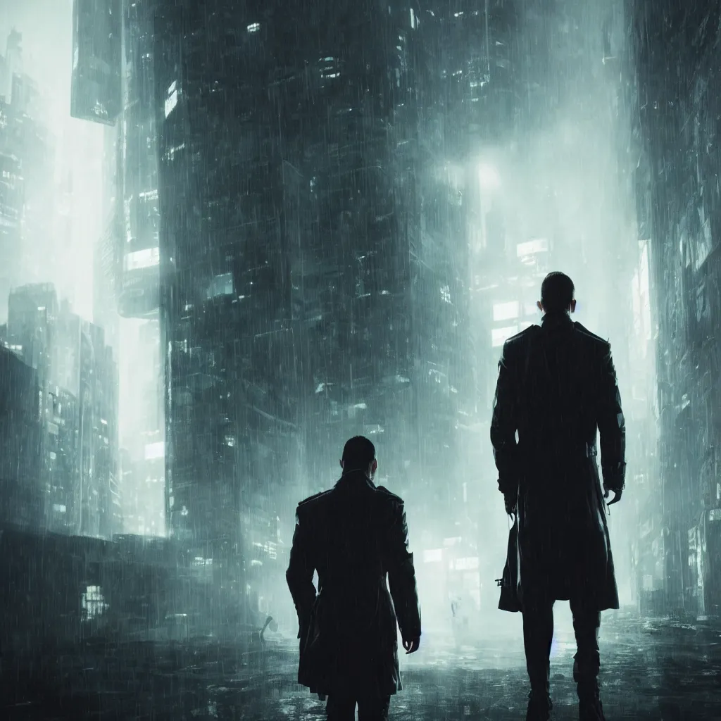 Prompt: Movie poster, cyberpunk, futuristic, technology, detective in trench coat looking away from the camera, cinematic lighting, depth of field, highly detailed, volumetric fog, dark, moody, gritty