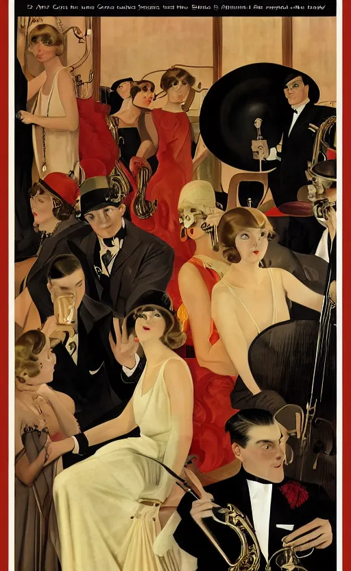 Image similar to a painting depicting Jazz Age high society people, 1920s style, smooth, highly detailed, high contrast, Coles Phillips, Dean Cornwell, JC Leyendecker, 8K