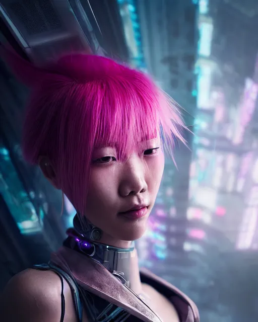 Image similar to portrait of a beautiful asian woman with pink hair as a cyberpunk cyborg half robot, sci - fi, missing panels, intricate abstract upper body intricate artwork, concept art, octane render, deviantart, cinematic, key art, hyperrealism, iridescent accents, portrait photograph, nikon 3 5 mm, photograph by greg rutkowski