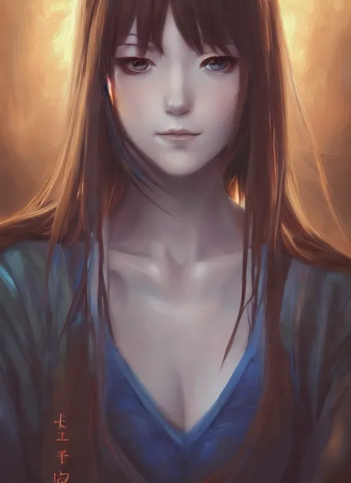 Prompt: blue anime girl eyes, Classical oil painting of Makise Kurisu by Marc Simonetti, beautiful anime portrait, official artwork, brush strokes, oil, canvas