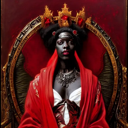 Image similar to full body portrait of black skinned, masked queen in red gothic robes sitting on a throne of bones, elegant, highly detailed painting by gaston bussiere, craig mullins, j. c. leyendecker, 8 k, mid shot