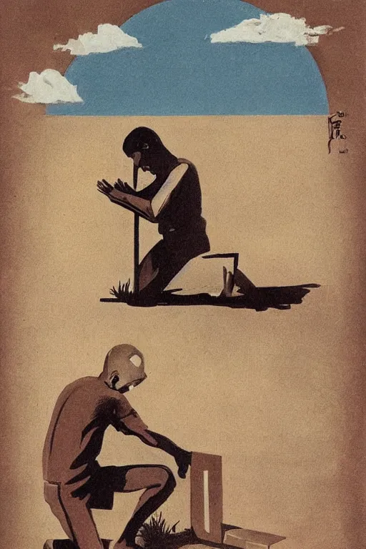 Image similar to man kneeling at the base of a wooden cross, 1960’s advertising art illustration