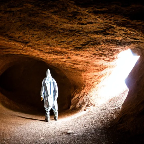 Prompt: portrait of a humanoid alien walking trough a beautiful cave, rotateZ(50deg)