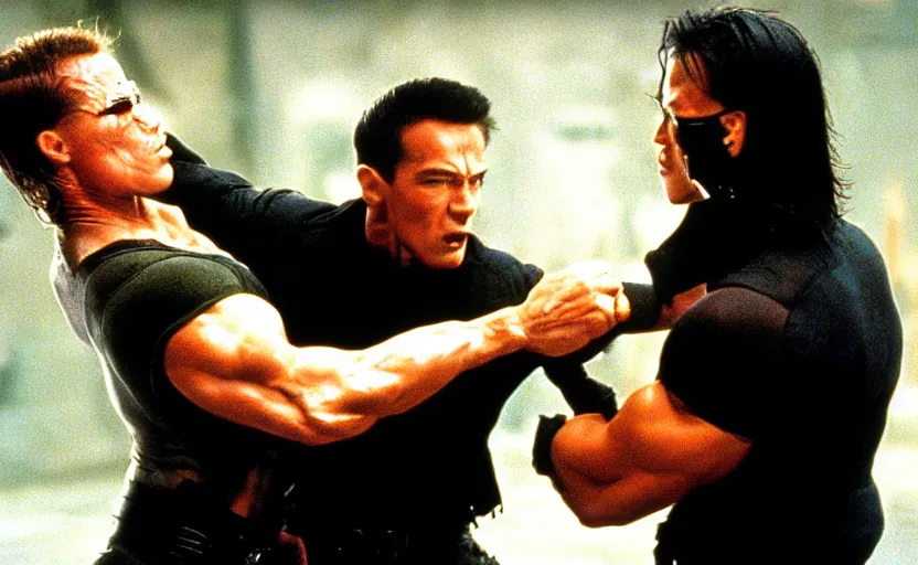 Prompt: Fight scene featuring Arnold Schwarzenegger in the movie the matrix 1999 fighting neo