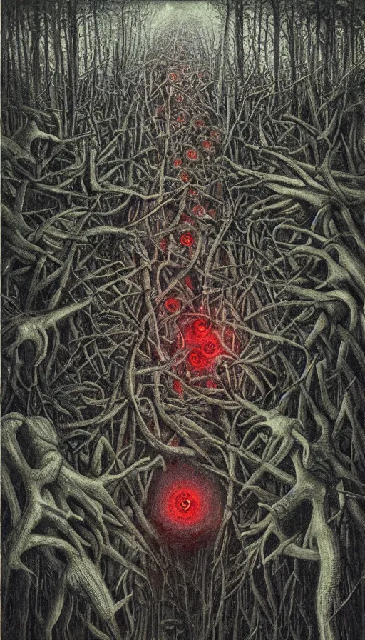 Image similar to a storm vortex made of many demonic eyes and teeth over a forest, by dan witz