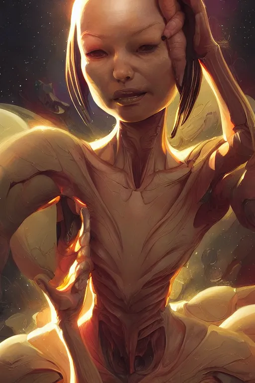 Image similar to portrait of an alien, by artgerm, tooth wu, dan mumford, beeple, wlop, rossdraws, james jean, marc simonetti, artstation giuseppe dangelico pino and michael garmash and rob rey and greg manchess and huang guangjian and makoto shinkai