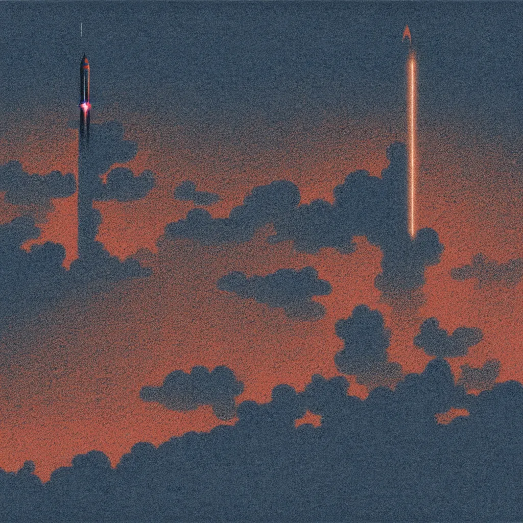 Image similar to rocket launch through clouds, mads berg, karolis strautniekas, film noir, stippled light, dramatic lighting, editorial illustration, detailed, fine texture, matte print, art deco, brutalism, dark blue + dark orange, red, black, ( ( habitat 6 7 background ) )