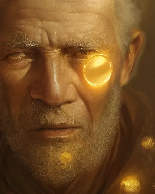 Image similar to An old man looking in a golden mirror, beautiful face, highly detailed face, close-up, fantasy art, male art, in the style of greg rutkowski, illustration, epic, fantasy, intricate, hyper detailed, artstation, concept art, smooth, sharp focus, ray tracing