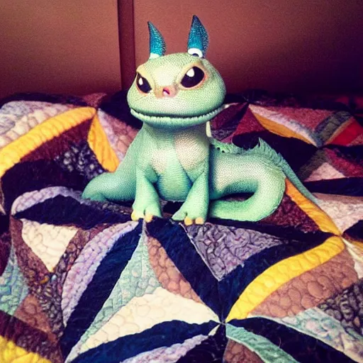 Image similar to adorable dragon in the style of how to train your dragon sitting on a pile of quilts