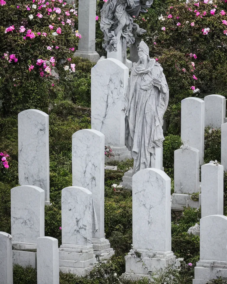 Image similar to an idealistic marble gothic cemetery statue, made of flowers, made of mist, full frame