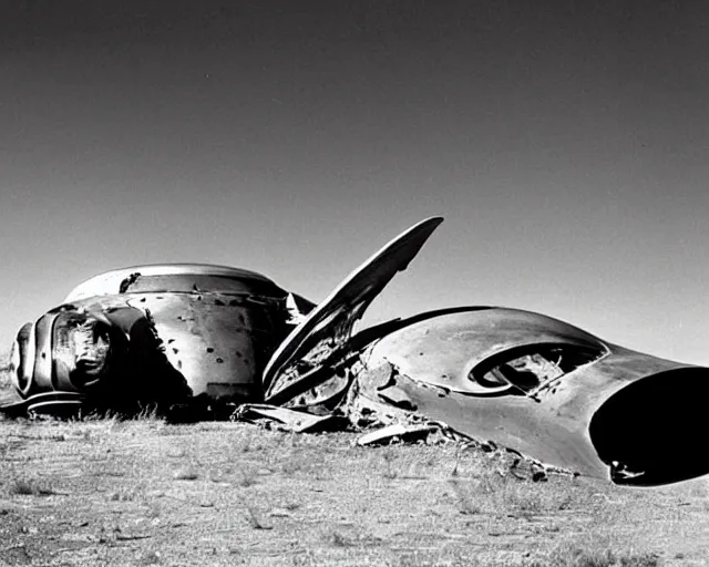 Prompt: a futuristic alien spacecraft, crashed in roswell, 1947, early black and white photo, yellowed with age, cdx