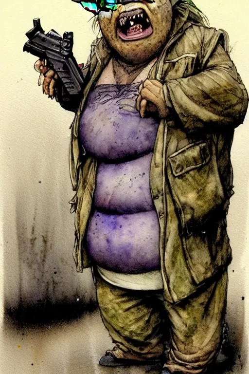 Image similar to a realistic and atmospheric watercolour fantasy character concept art portrait of a fat sleazy homeless chibi yoda wearing a wife beater and holding a handgun, by rebecca guay, michael kaluta, charles vess and jean moebius giraud