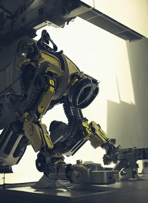 Image similar to a photorealistic dramatic hyperrealistic render of a futuristic exosuit power loader heavy machinery, ultra realistic details, glossy yellow by vitaly bulgarov and mike nash, beautiful dramatic dark moody tones and lighting, cinematic atmosphere, studio lighting, shadows, dark background, octane render, 8 k