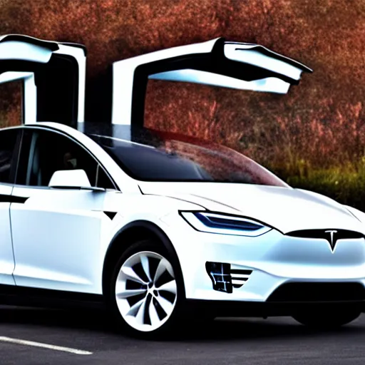 Image similar to full length wide angel shot of a Tesla Model X as a limousine, realistic photo, f/1.8 HDR