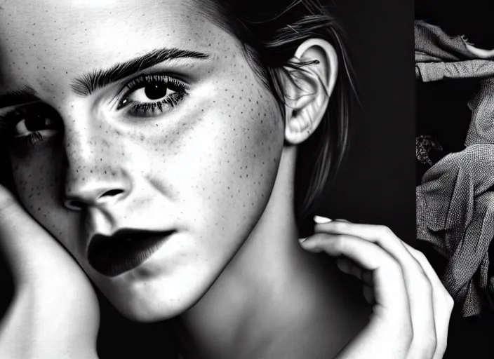 Image similar to mid shot portrait of emma watson in factory, in the style of david bailey, high fashion, id magazine, vogue magazine, surprising, freak show, realistic, sharp focus, 8 k high definition, film photography, photo realistic, insanely detailed, intricate, by david kostic and stanley lau and artgerm