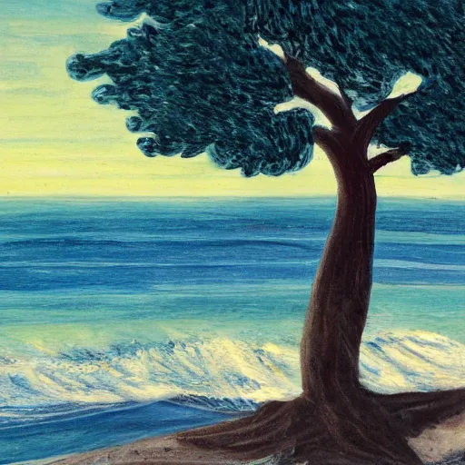 Prompt: The sea, the man, the tree high detail