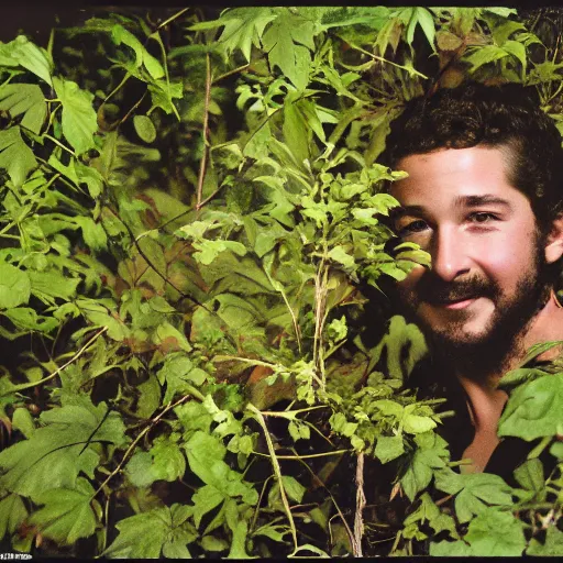 Image similar to Shia Labeouf, smiling eerily and holding a knife, peering through foliage in the forest, horror movie moonlight, Eastman Color Negative II 100T 5247, ARRIFLEX 35 BL Camera