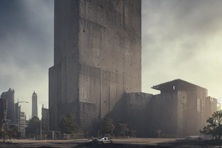 Image similar to streetscape, a towering cathedral of brutalist architecture, buildings covered with greebles, stunning volumetric light, sunset, metal, concrete and translucent material, stunning skies, majestic landscape, trending on Artstation, 8k, photorealistic, hyper detailed, unreal engine 5, IMAX quality, cinematic, epic lighting, in the style of Greg Rutkowski