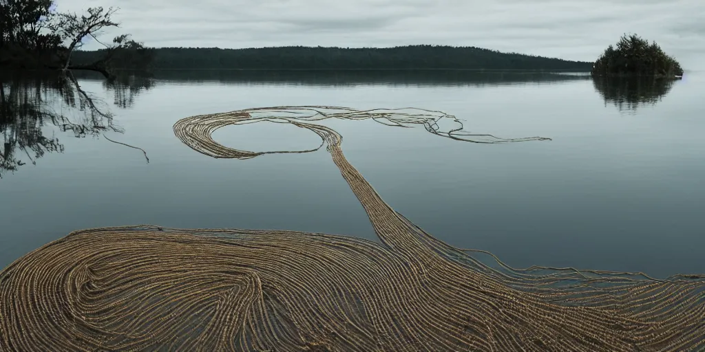 Prompt: centered photograph of a infinitely long rope zig zagging snaking across the surface of the water into the distance, floating submerged rope stretching out towards the center of the lake, a dark lake on a cloudy day, color film, sandy shore foreground and trees in the background, hyper - detailed photo, anamorphic lens