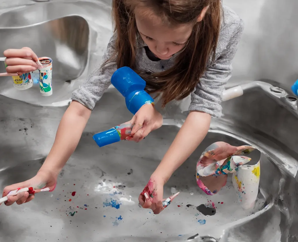 Prompt: first person point of view of a girl squeezing a paint tube in the kitchen sink, 8k