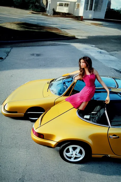 Image similar to Photo print of a beautiful Model leaning on a porsche 911 carrera 3.2, daylight, backlit, kodak ektachrome e100.