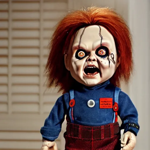 Image similar to Chucky the killer doll being held by Johnny Depp playing Charles Lee Ray