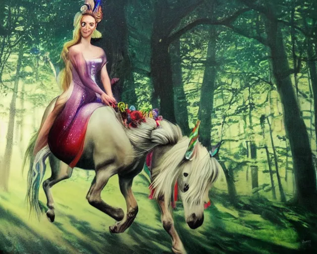 Prompt: woman riding a unicorn in enchanted forest, tiktok painting by annie liebovitz