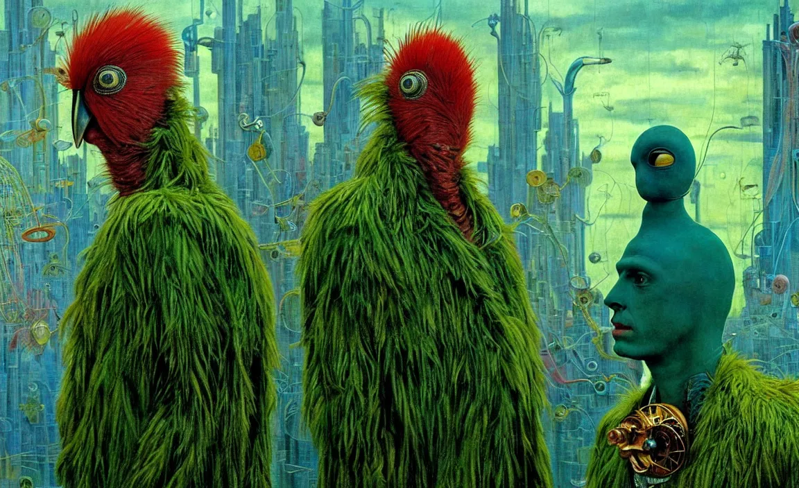 Image similar to realistic detailed portrait movie shot of a birdman wearing green leather coat, sci fi city landscape background by denis villeneuve, amano, yves tanguy, alphonse mucha, ernst haeckel, max ernst, roger dean, masterpiece, rich moody colours, blue eyes, occult