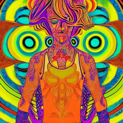 Prompt: a psychedelic illustration of my lehrman doing yoga, medium long brown orange hair, green eyes, round face, thin eyebrows, modern art, purple, pink, green, yellow, orange, dramatic, intricate, detailed, art by famous artist