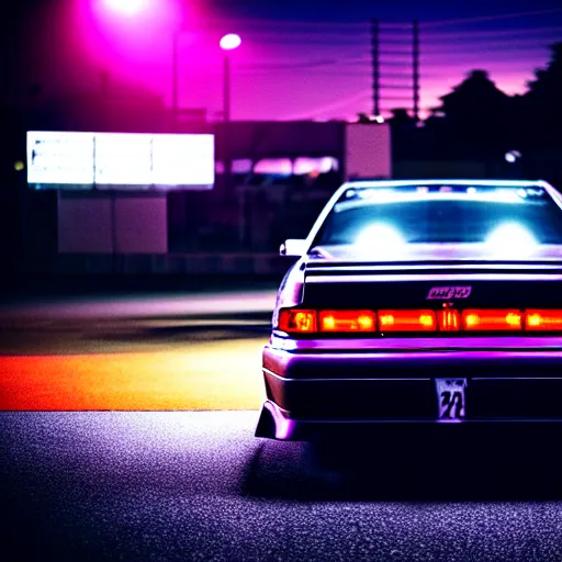 Image similar to a car JZX100 twin-turbo at illegal car meet, Saitama prefecture, city sunset mist neon lights, cinematic color, photorealistic, highly detailed, 200MM