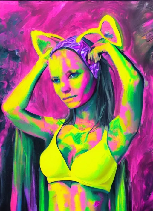 Image similar to girl with cat ears at a rave, realistic bikini, expressive oil painting, abstract art, trending on artstation, psychedelic, portrait