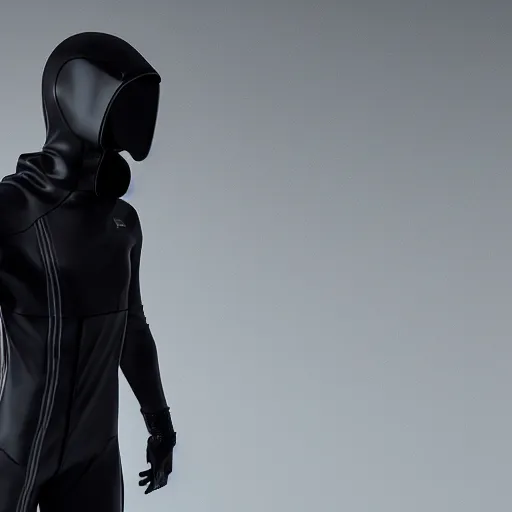 Image similar to photo of futuristic techwear black costume on the white background, 8k, octane render,