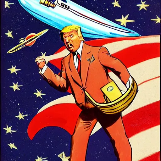 Image similar to donald trump as rocket pilot, pulp art, full color, space art,