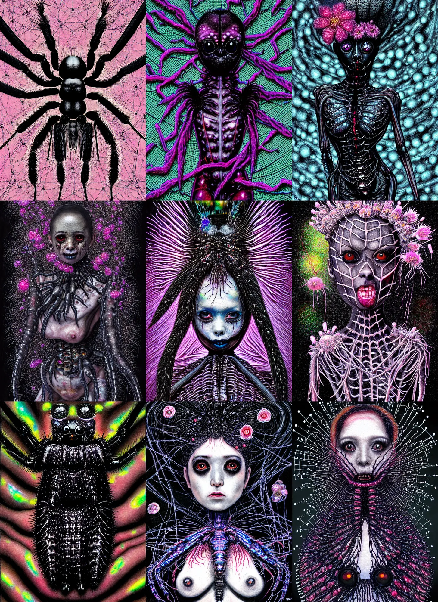 Prompt: hyper detailed concept like a dark Oil painting - kawaii full body portrait Aurora (a black haired tarantula headed shiny profile flapper-girl from Hellraiser practical effects) seen Eating of the Strangling network of (charcoal and ben day dots) and milky Fruit and Her delicate pedipalps hold of gossamer polyp blossoms bring iridescent Cronenberg fungal flowers whose spores black the foolish stars by Jacek Yerka, Ilya Kuvshinov, Glenn Barr, Mariusz Lewandowski, Houdini algorithmic generative render, Abstract brush strokes, Masterpiece, Edward Hopper and James Gilleard, Zdzislaw Beksinski, Mark Ryden, Wolfgang Lettl, hints of Yayoi Kasuma, octane render, 8k