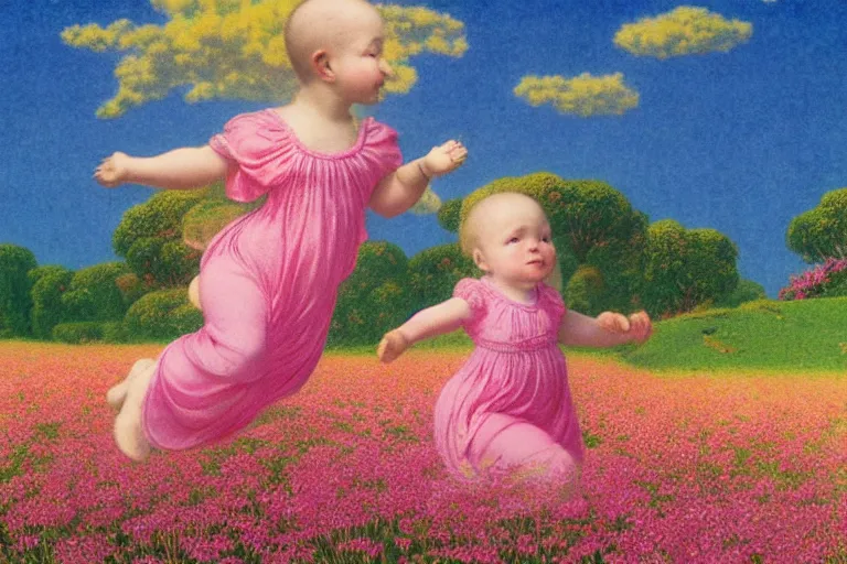 Image similar to a staffordshire terrier in a pink baby dress running through a field of flowers, in the style of maxfield parrish