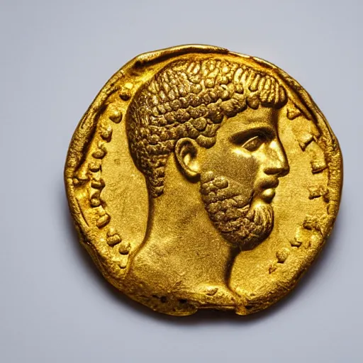 Image similar to an ancient roman gold coin with the face of drake, close up photo, ultra realistic, studio photo, bokeh.