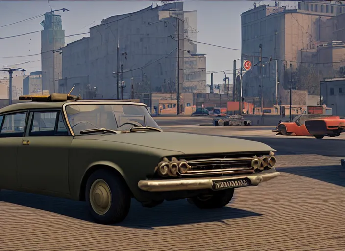 Prompt: hyperrealistic matte painting of gta action game in soviet moscow, 1 9 6 0, playstation 5 screenshot, mega details, golden hour, beautiful rtx reflections, soviet suburbs, photorealistic, unreal engine 5, octane render, volumetric light, featured on cg society, 4 k, 5 0 mm bokeh, russian lada car, artstation