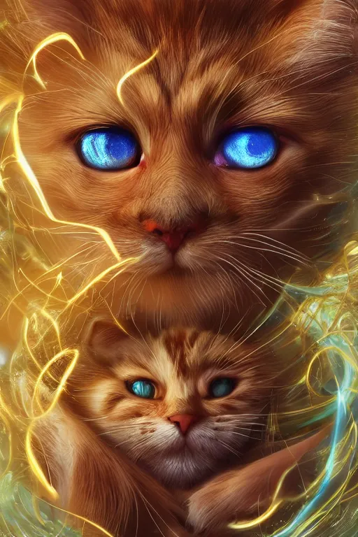 Image similar to Recursive image with a well rounded Calico feline, large eyes, shiny soft fur, anatomically correct, surrounded by swirling wisps of jelly, oil pastels and gold, anime, cartoon, modeled in Poser, Redshift render, UHD