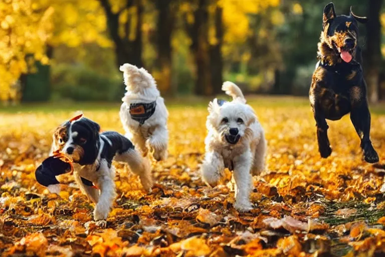 Image similar to dogs running through autumn leaves towards the camera, long shot, shot from below