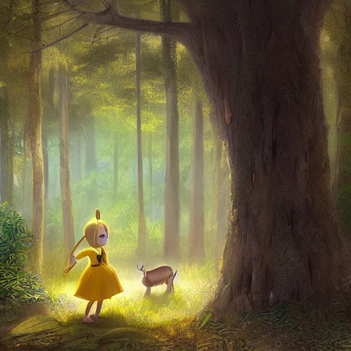 Image similar to concept art painting of an anthropomorphic chubby doe wearing yellow dress, in the deep forest, realistic, detailed, cel shaded, in the style of makoto shinkai and greg rutkowski and james gurney