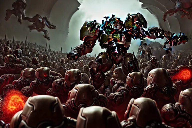 Prompt: an intricately detailed, ultra realistic, unreal engine 5, rendering of doom, promotional illustration, doom guy doom slayer, fighting a large crowd of demons, warlord _ and _ his _ sword _ fight