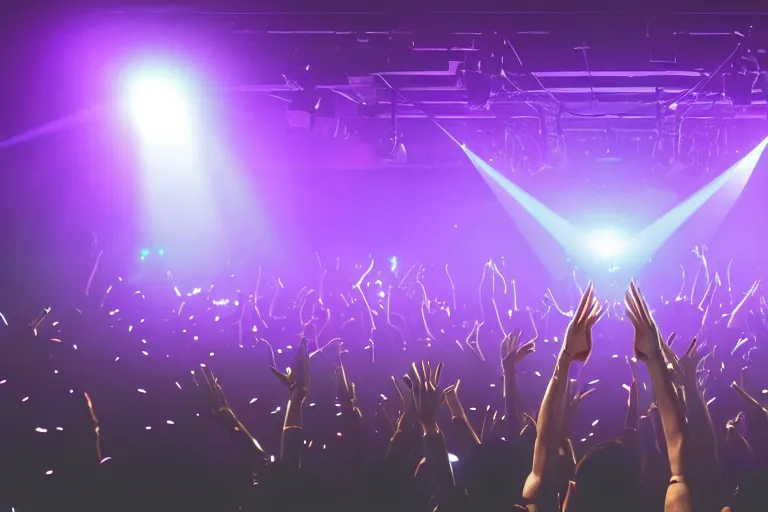 Image similar to dj on stage with raised hands looking over crowd partying with their hands up at a club, volumetric lighting, haze, moving heads light beams, spot lights, disco ball, silhouette, digital art, trending on artstation, 4k, unreal engine, intricate, ornate